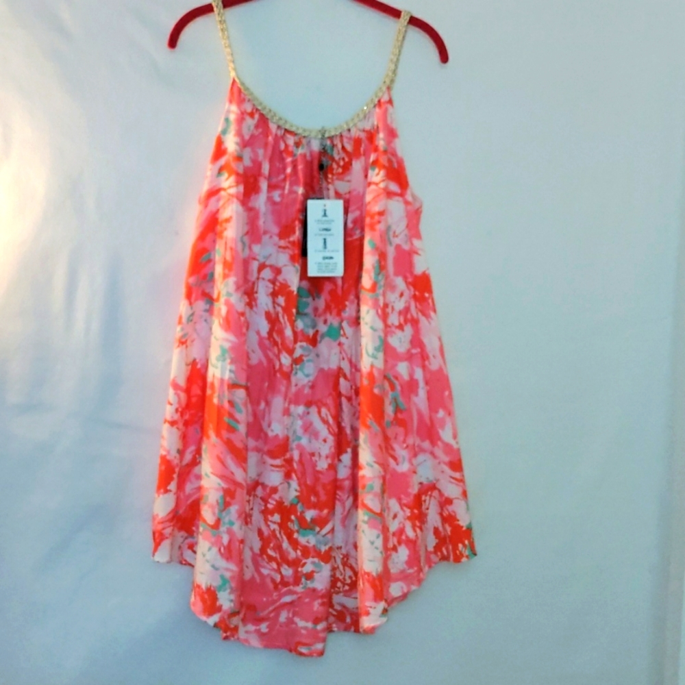 Kaktus XL bright, bold colors, floral tunic dress, gold braided metallic NWT